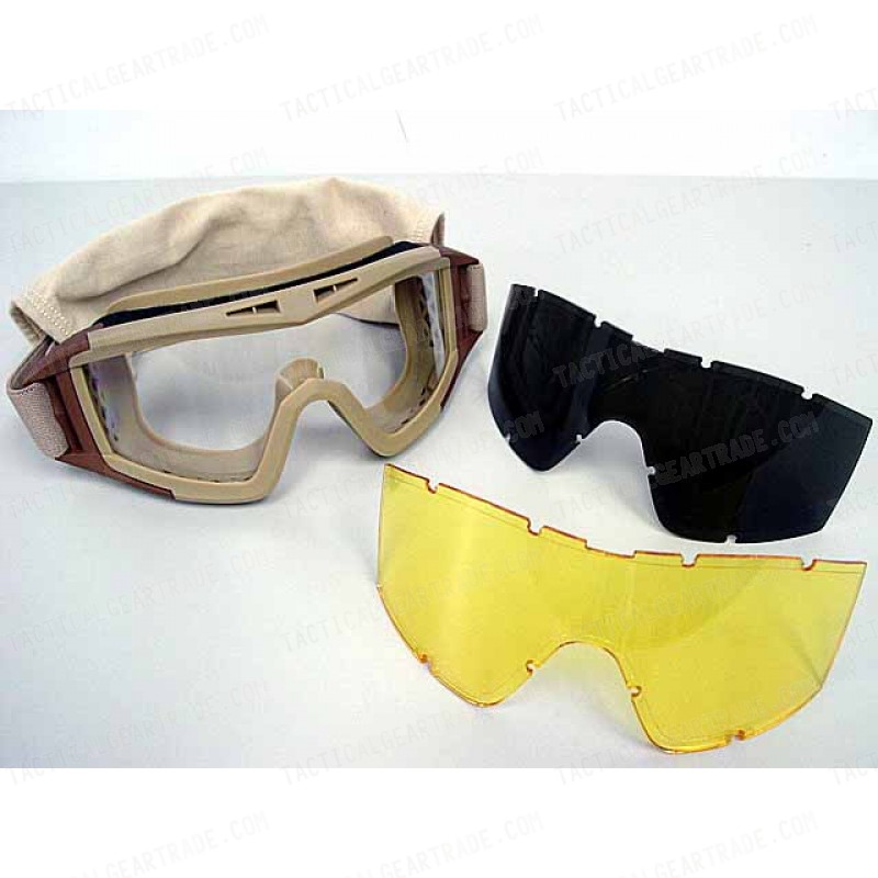 Airsoft Tactical Desert Goggle Glasses with 3 Lens Tan